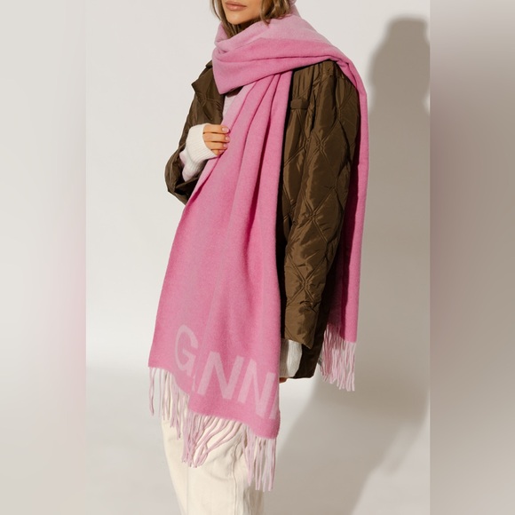 Ganni Accessories - GANNI Icon Fringed Wool Scarf - Pink